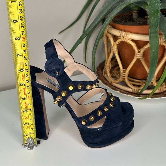 PRADA Navy Blue Suede Gold Stud Platform Sandals Heels 37.5 Italy - Picture 13 of 13